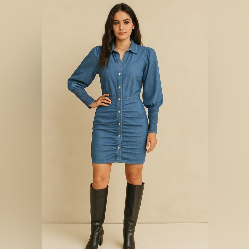 Veronica Beard Chambray Ruched Denim Dress